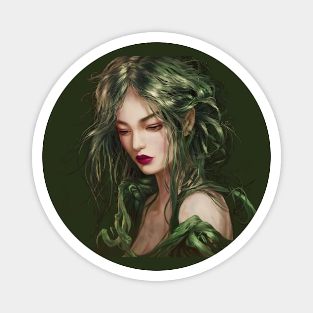 Beauty Girl Head with Long, Wavy Hair Blending Into Green Foliage Magnet by animegirlnft